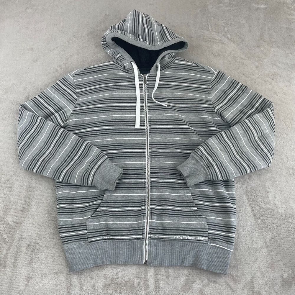 O'Neill Hoodie Men Medium Grey Striped Full Zip Fleece Lined Pockets Beach‎ Y2K